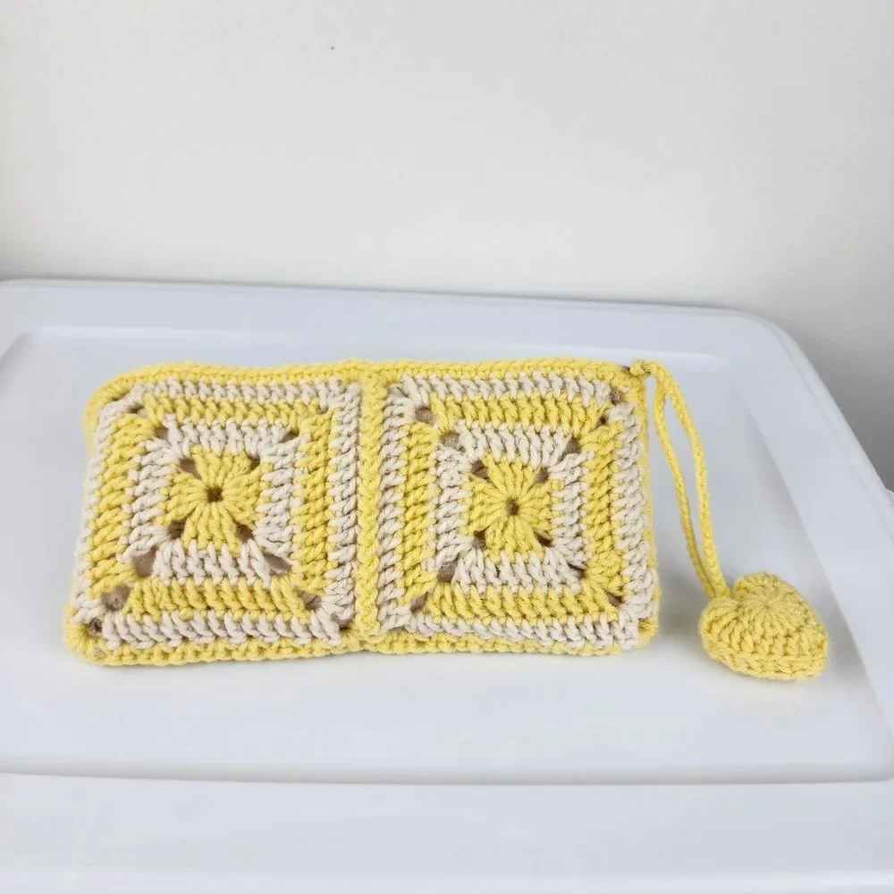 Handmade Crochet Granny Square Clutch Yellow Cream Boho Heart Charm Makeup Pouch - Picture 5 of 15